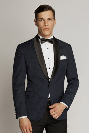 Mens Dinner Suit, Black Shawl Lapel - Navy Paisley Jacket